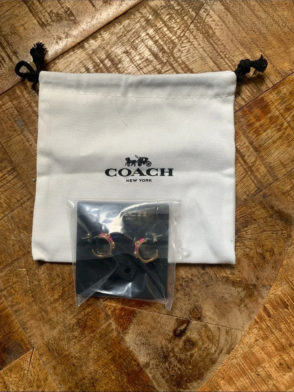 Coach Gold-Tone Hoop Earrings with Pink Enamel Accent - Picture 6 of 7